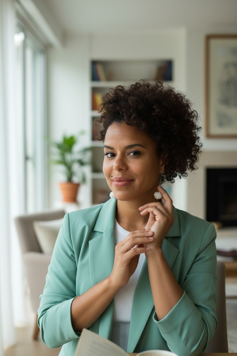 Woman in a teal blazer sitting in a bright room with plants and furniture.