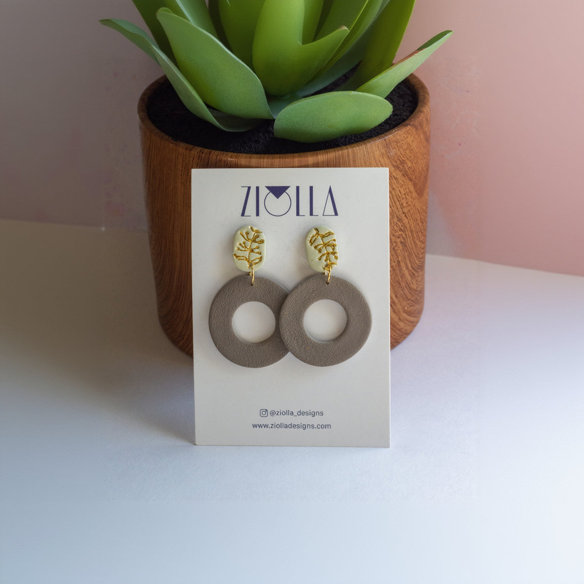 Ziolla  greey donut earrings on a card with a potted plant in the background