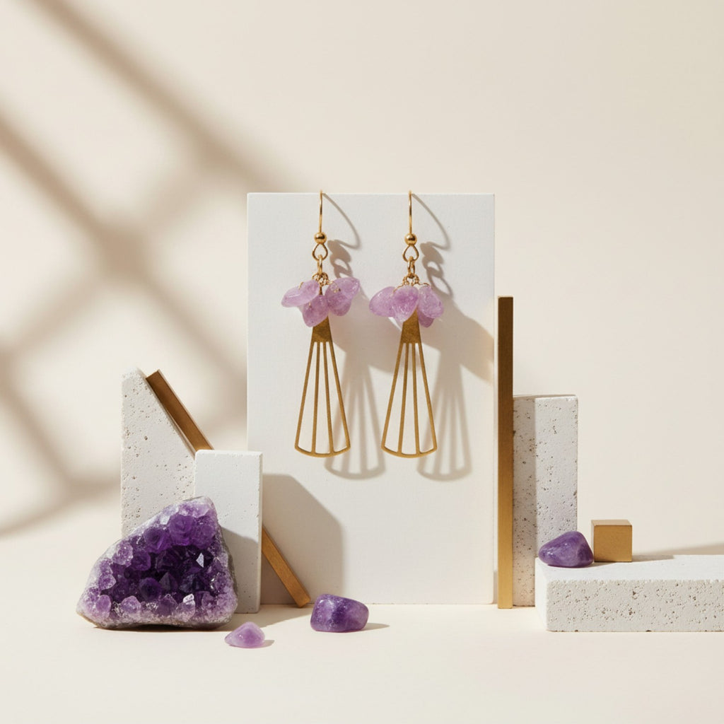 Gold earrings with amethyst on a white card, surrounded by amethyst crystals.