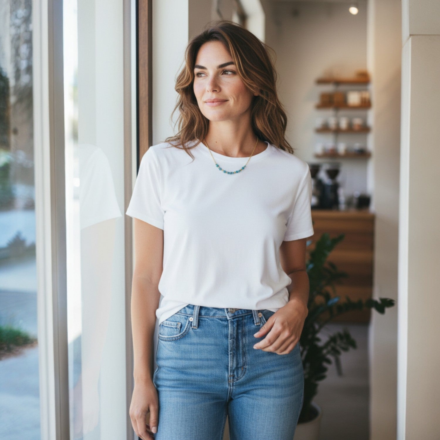 Women wearing a white tshirt and jeans with an apatite necklace