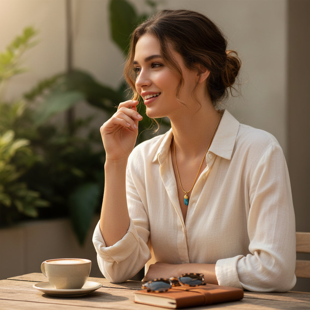 Woman sitting at a table with a blue apatite necklace and cup of coffee and sunglasses, smiling outdoors.