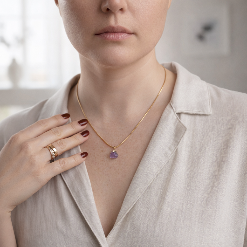 Woman wearing a gold necklace with a purple pendant and a ring on her finger, against a neutral background.