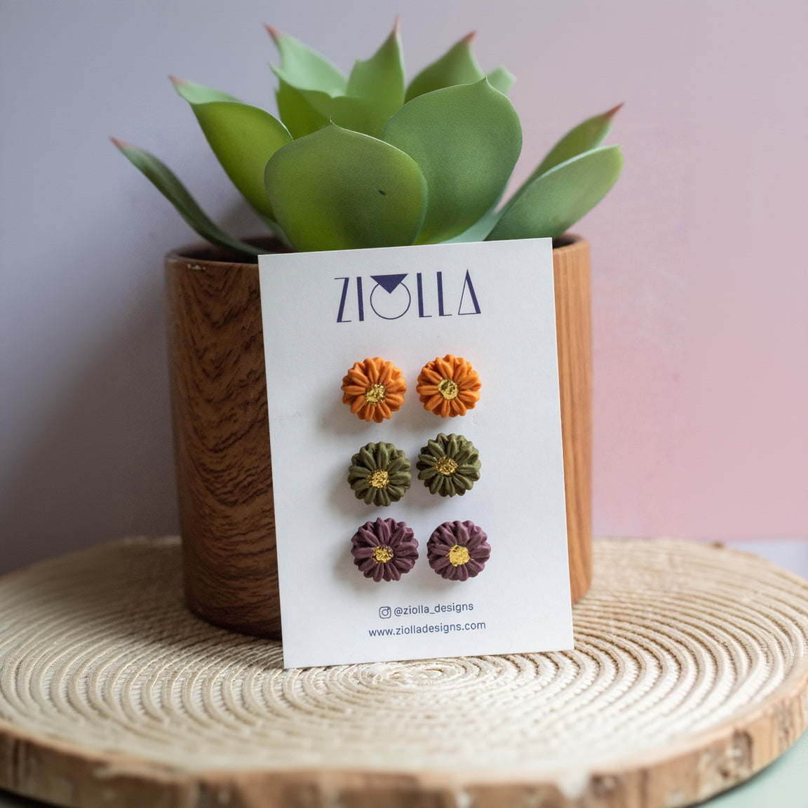 Set of colorful flower-shaped earrings on a ZIOLLA branded card with a plant in the background.