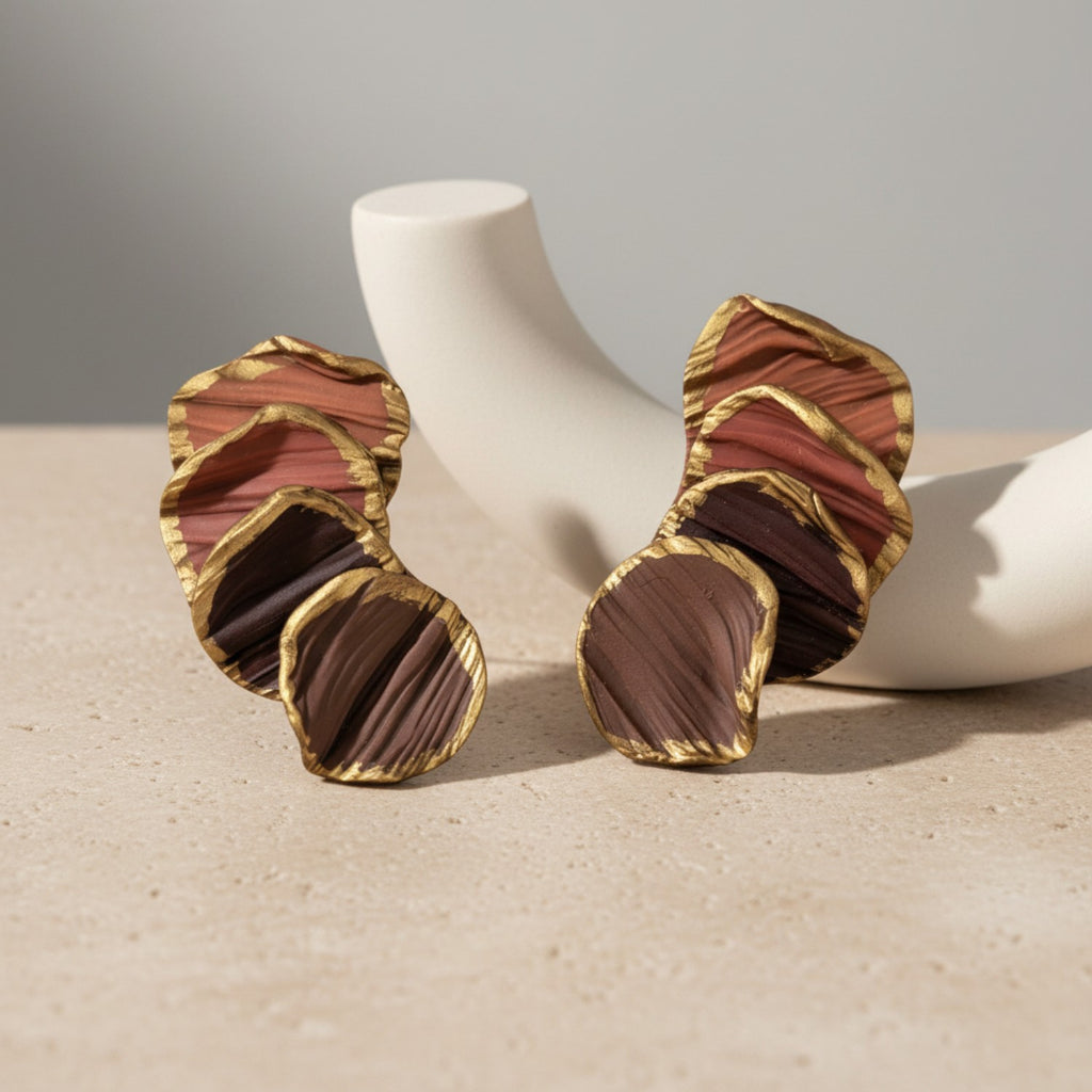 Pair of gold and brown earrings on a beige surface with a neutral background