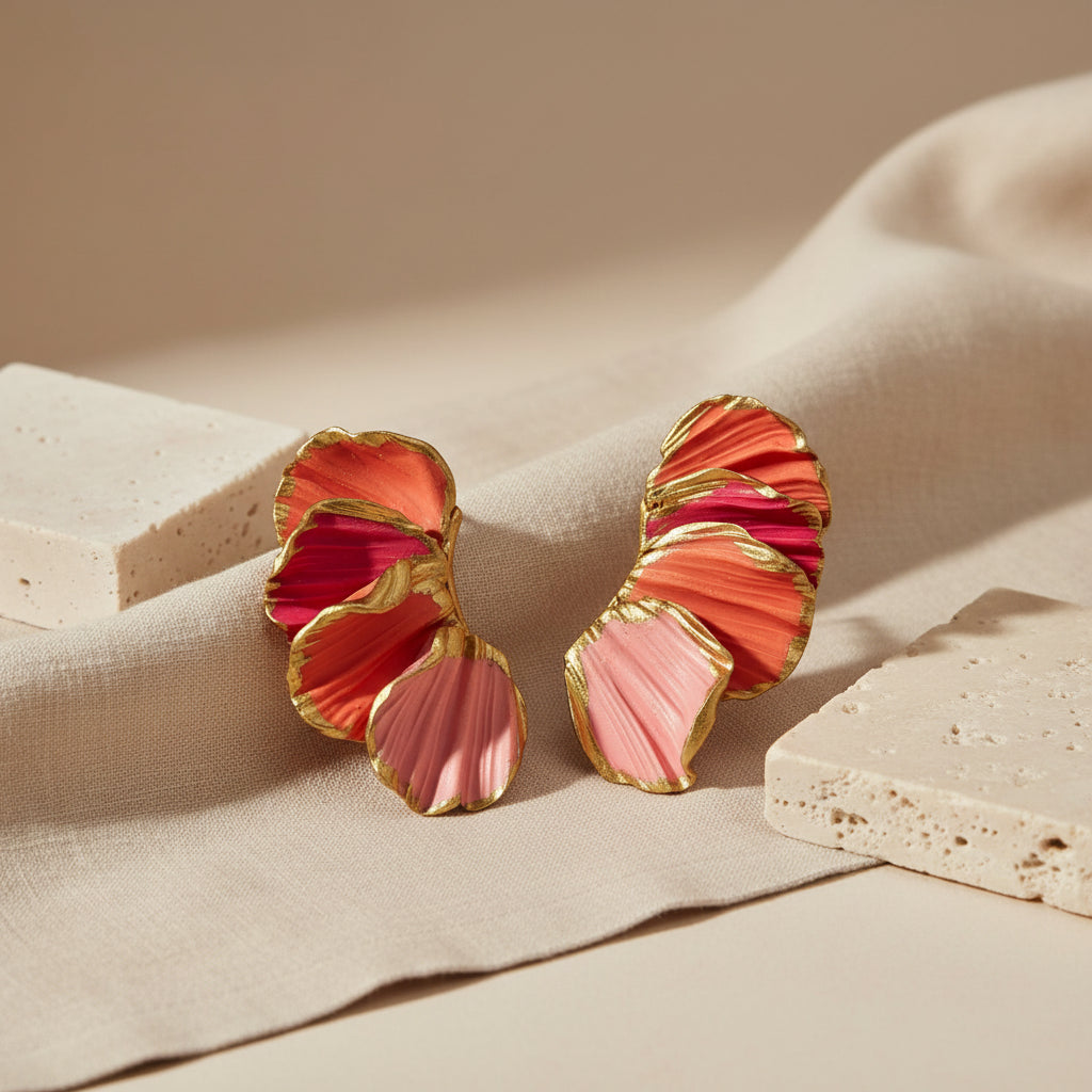 Pair of pink and red earrings with gold accents on a beige fabric background