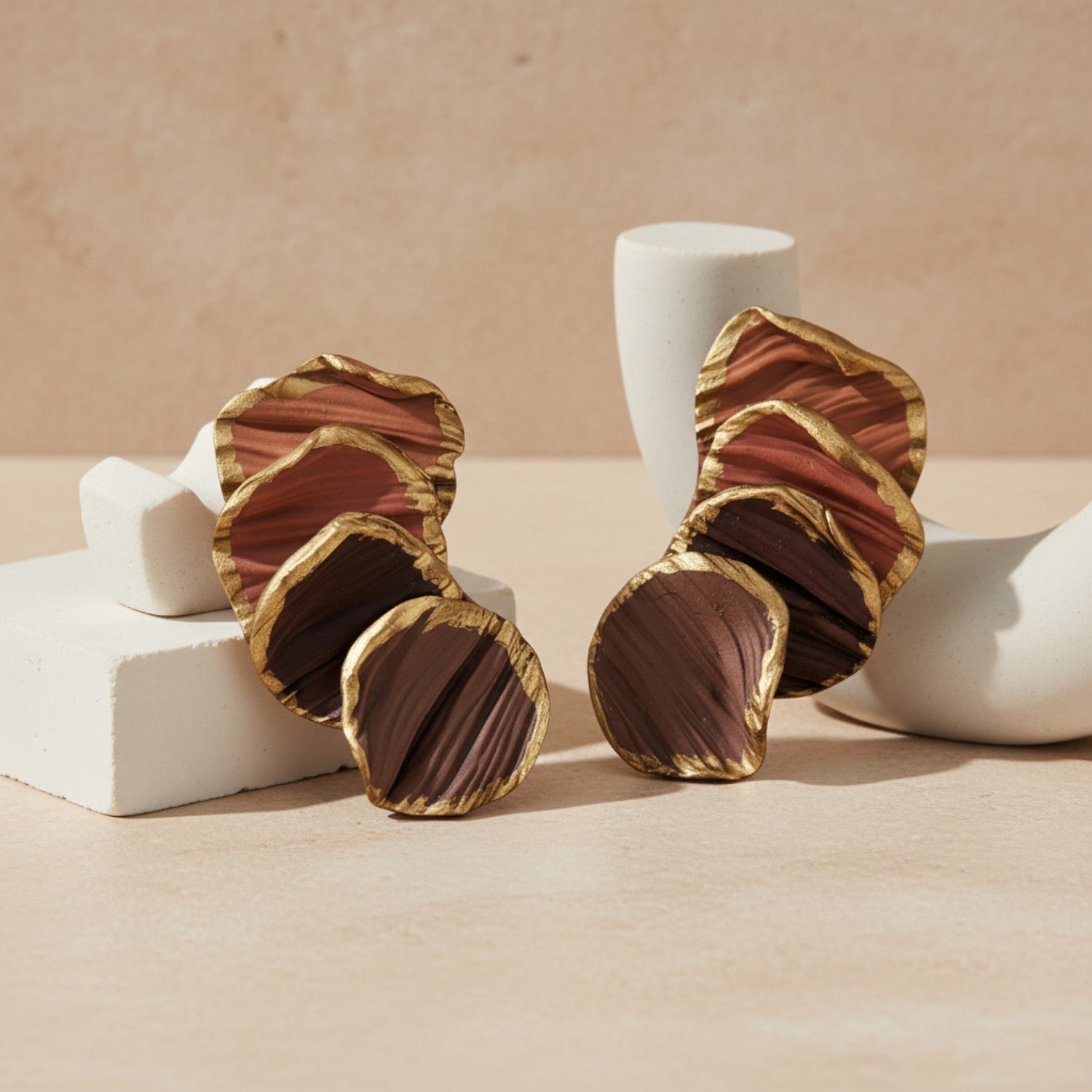Pair of gold and brown earrings on a beige background