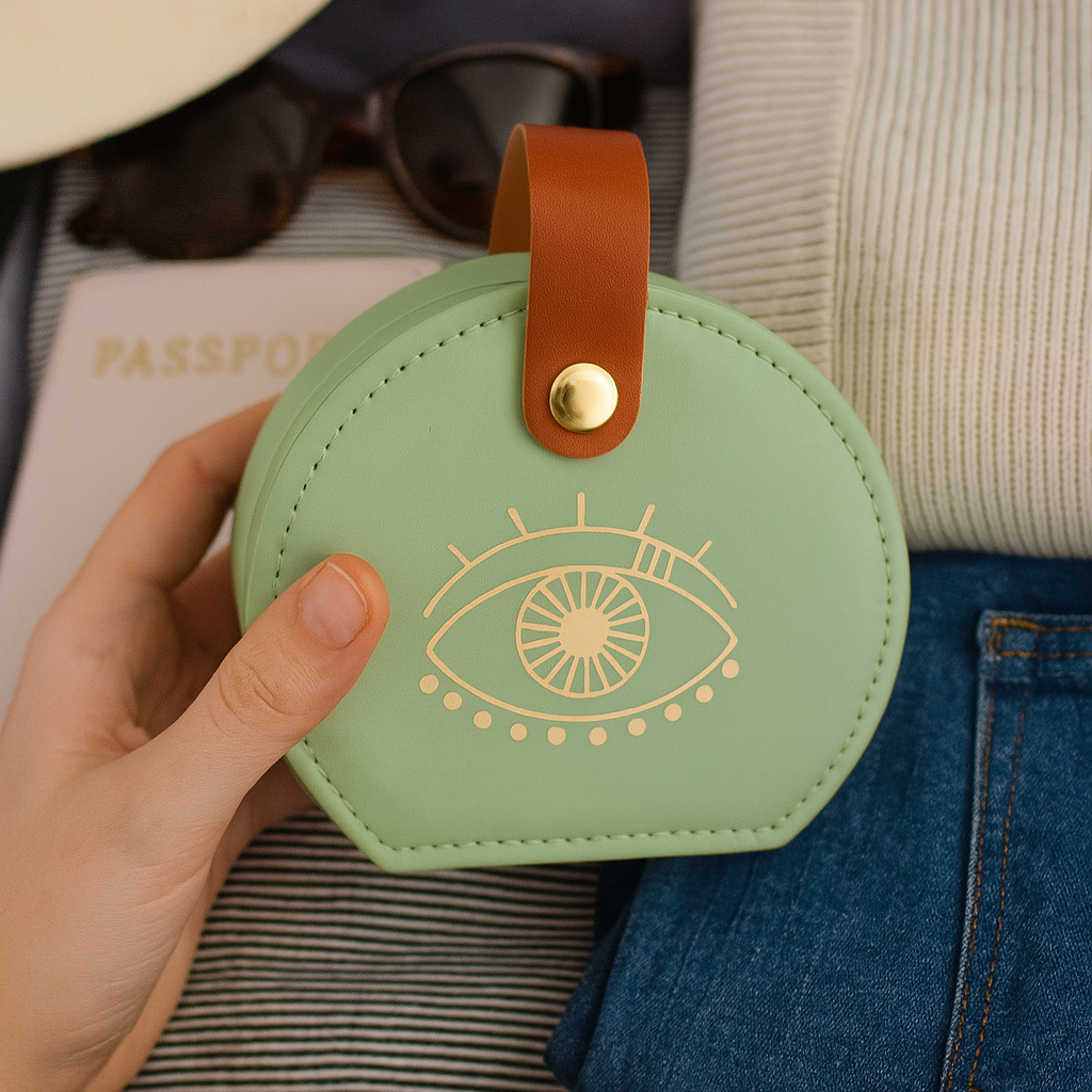 Green round mini jewellery box with eye design held by a hand, with travel items in the background.