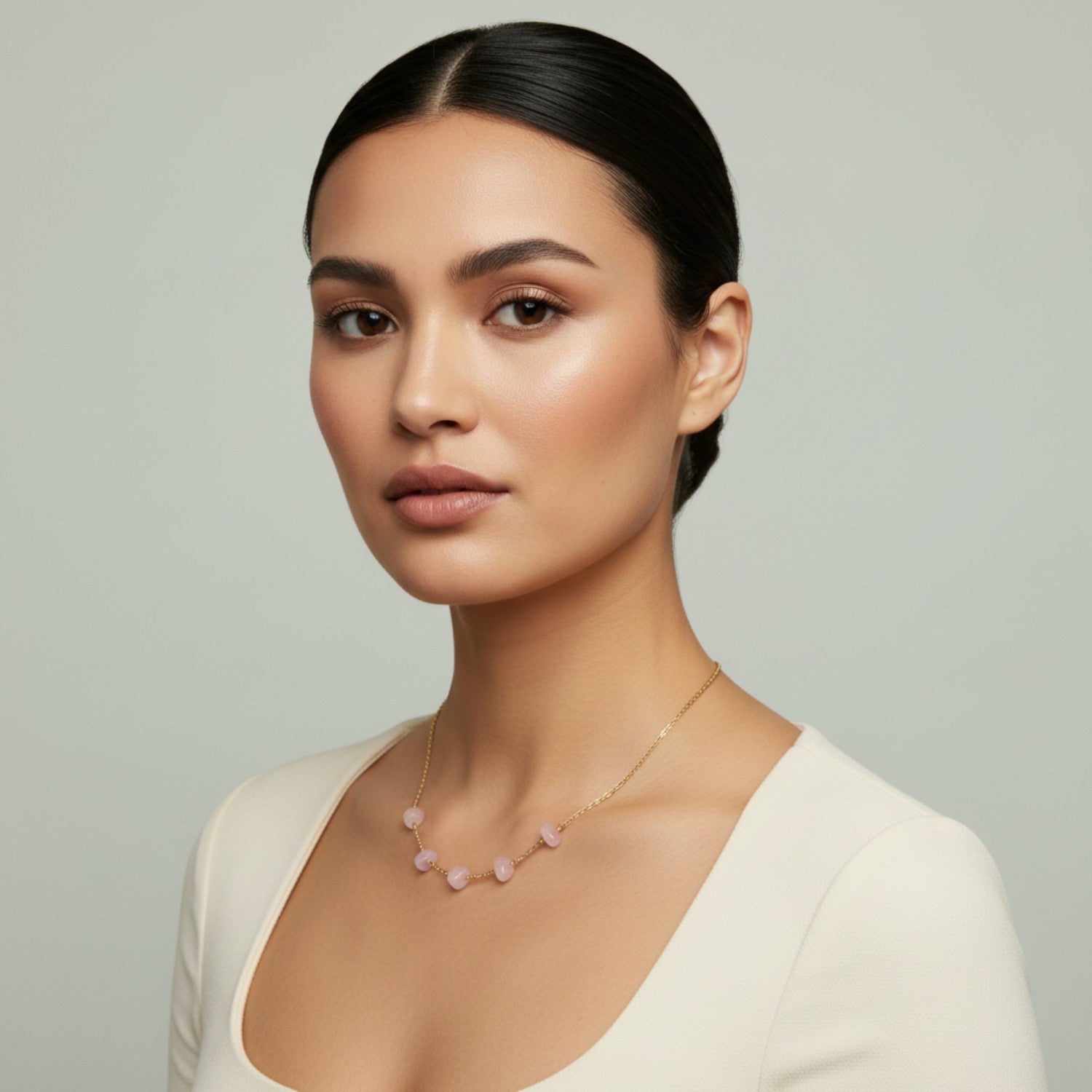 Rose quartz five-bead necklace worn l at the collarbone, shown on model in a minimalist editorial style.