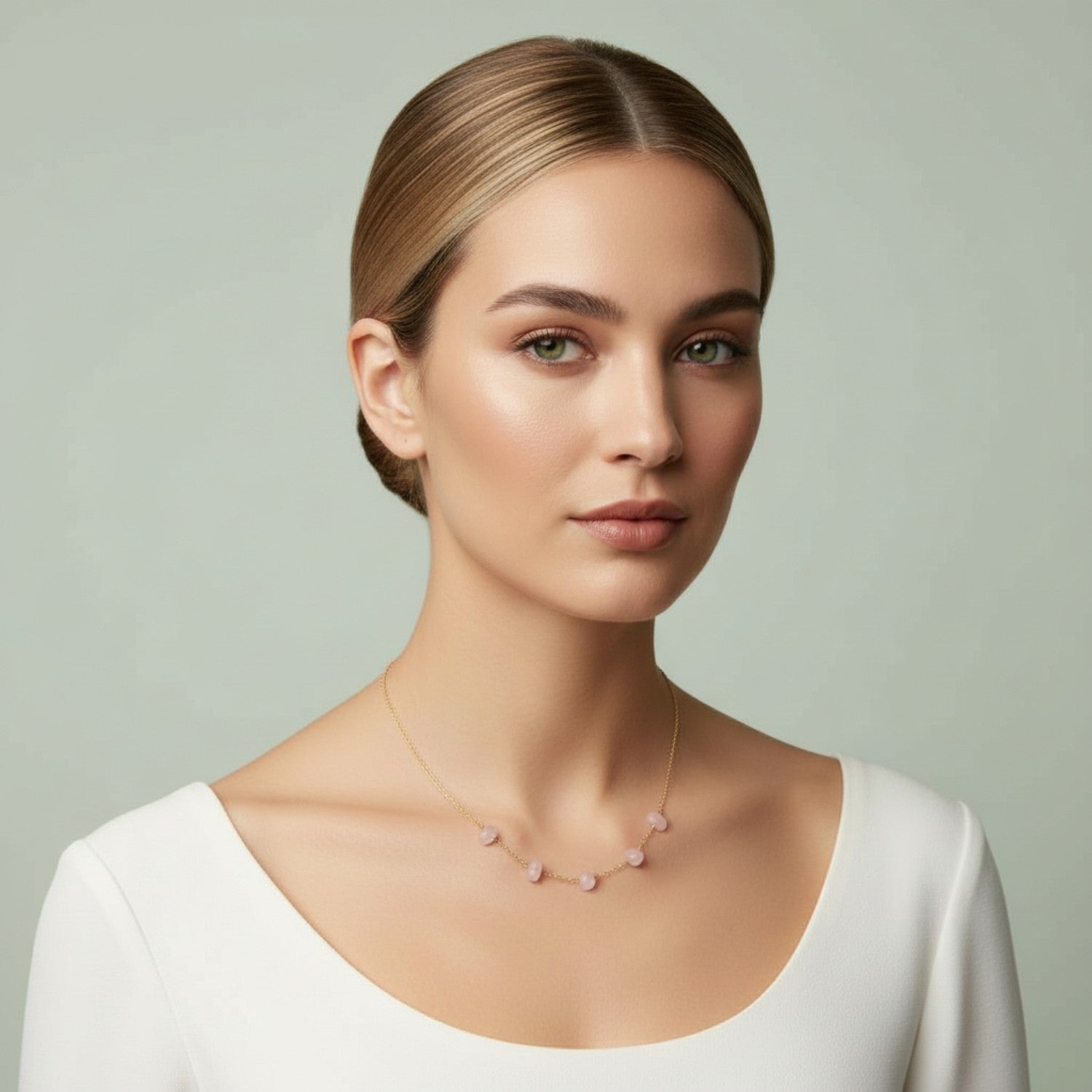 Rose quartz five-bead necklace worn layered at the collarbone, shown on model in a minimalist editorial style.