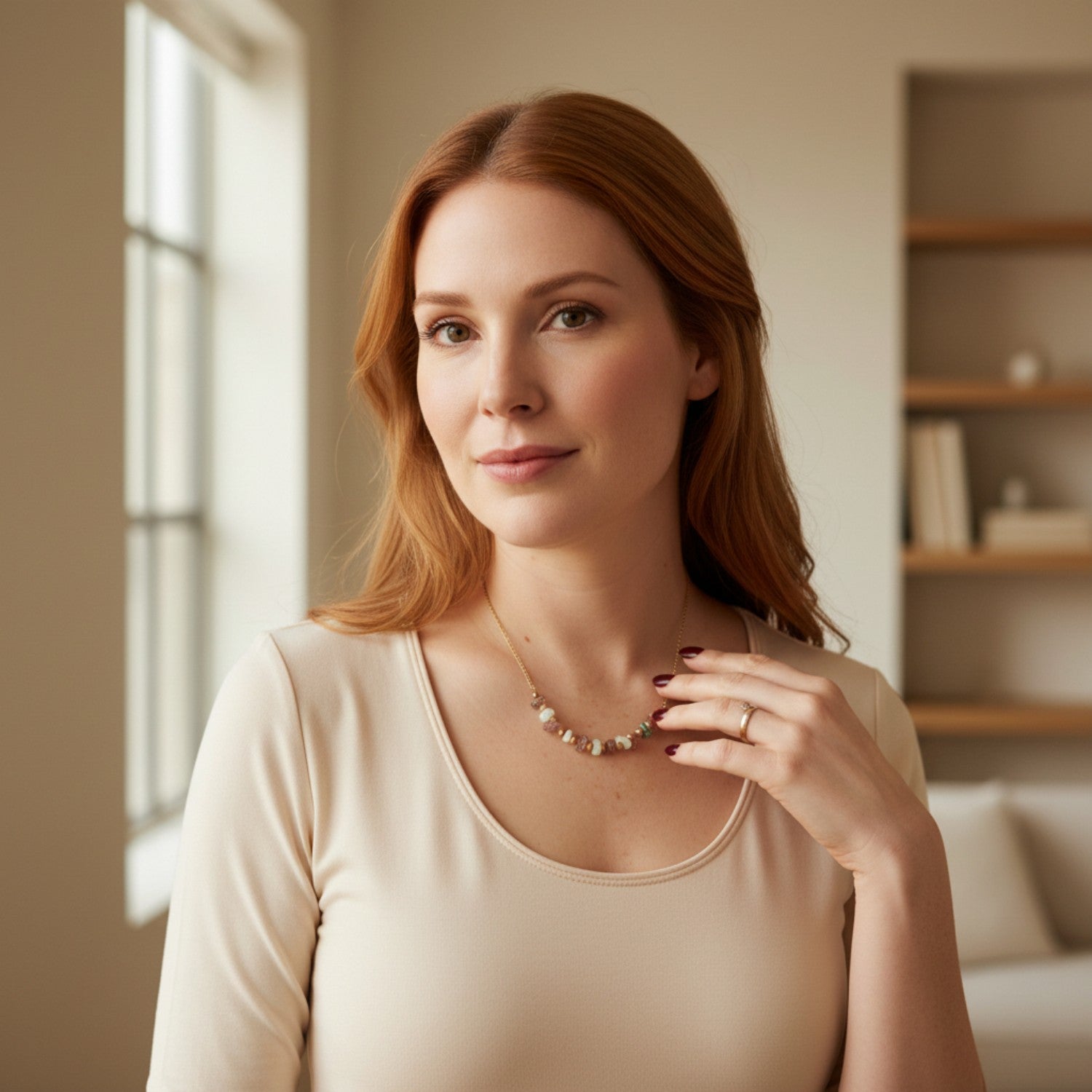 Woman wearing a necklace indoors with a neutral background