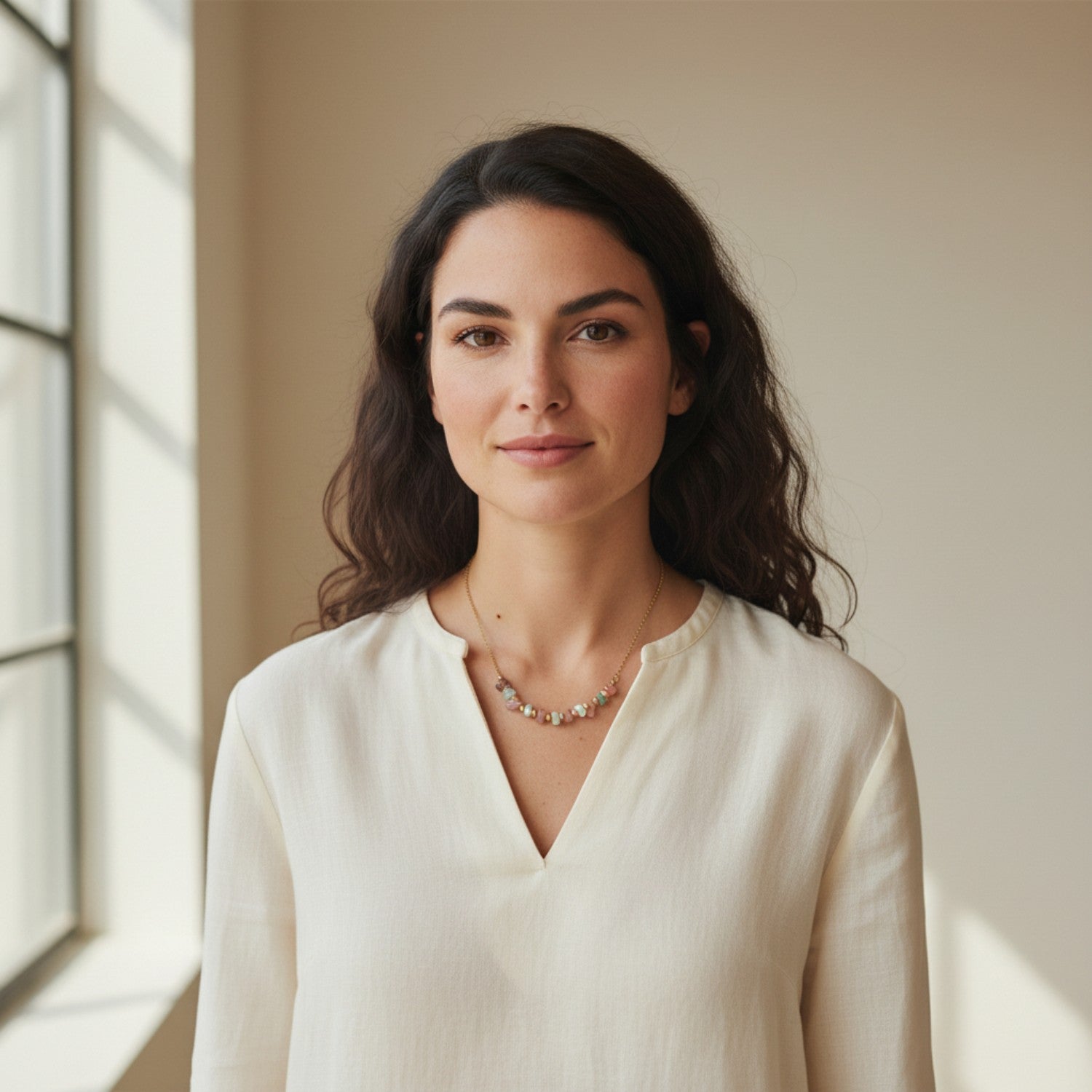 Woman wearing a beige shirt and a rose quart and aquamarine necklace in a bedroom setting