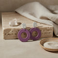 Ziolla Designs plum circular polymer clay earrings with silver leaf-accented studs. Lightweight, handmade, nickel-free.