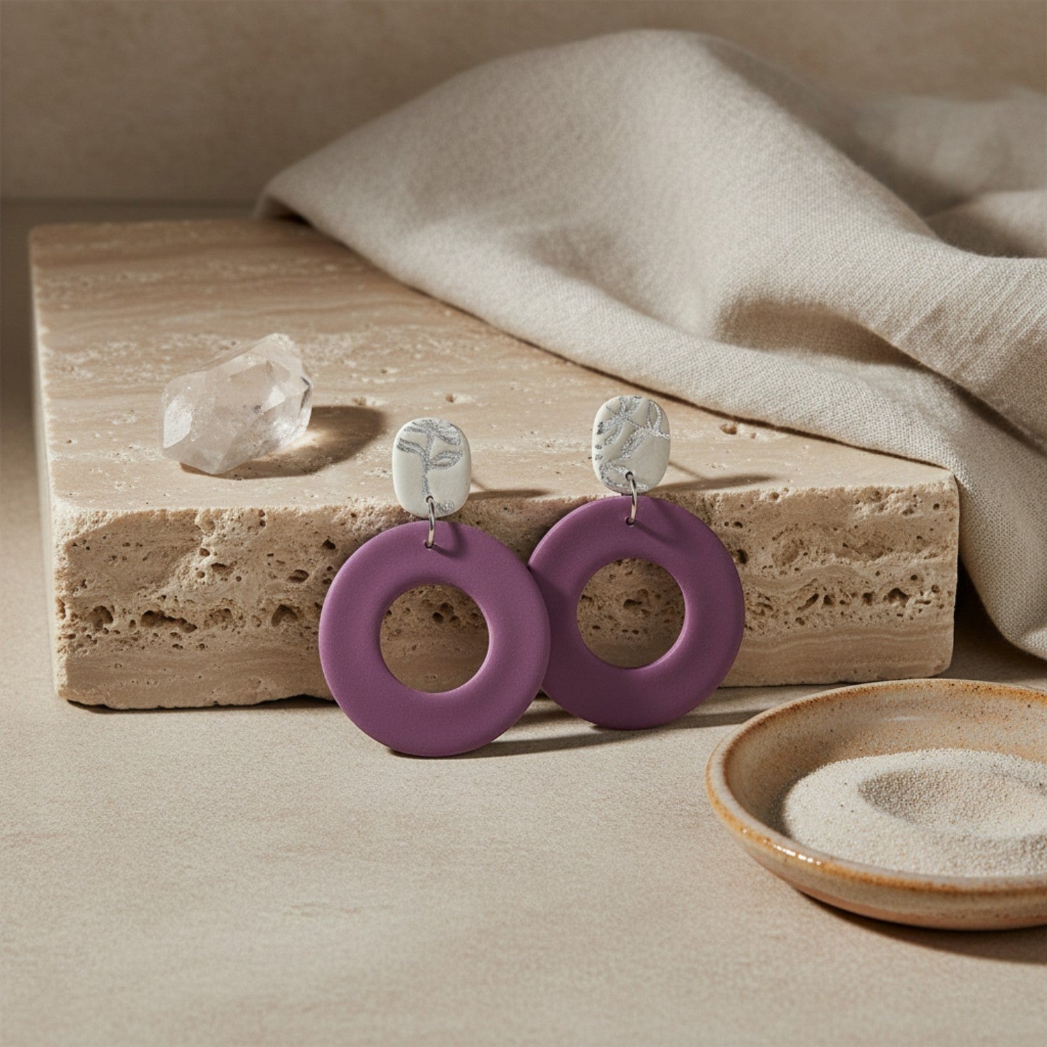 Ziolla Designs plum circular polymer clay earrings with silver leaf-accented studs. Lightweight, handmade, nickel-free.