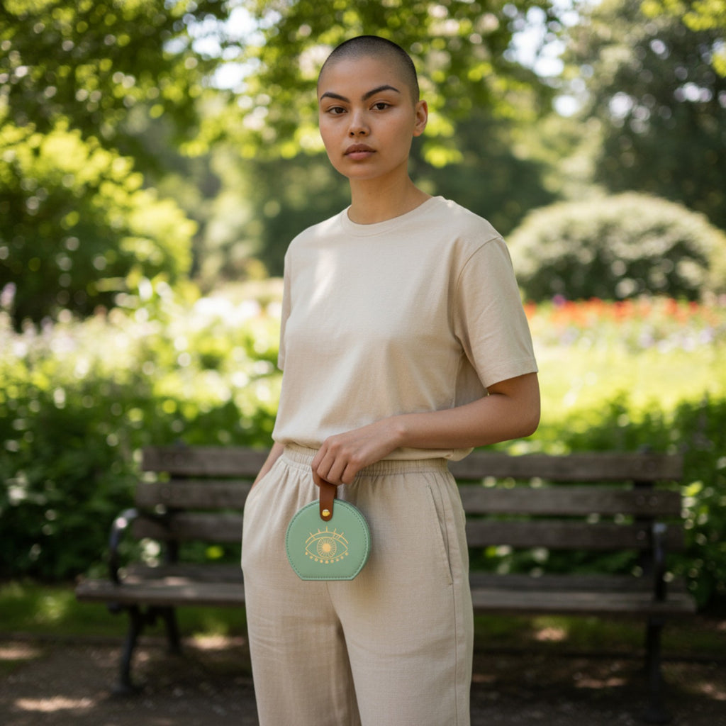 Woman holding a round green jewellery box with a gold eye design