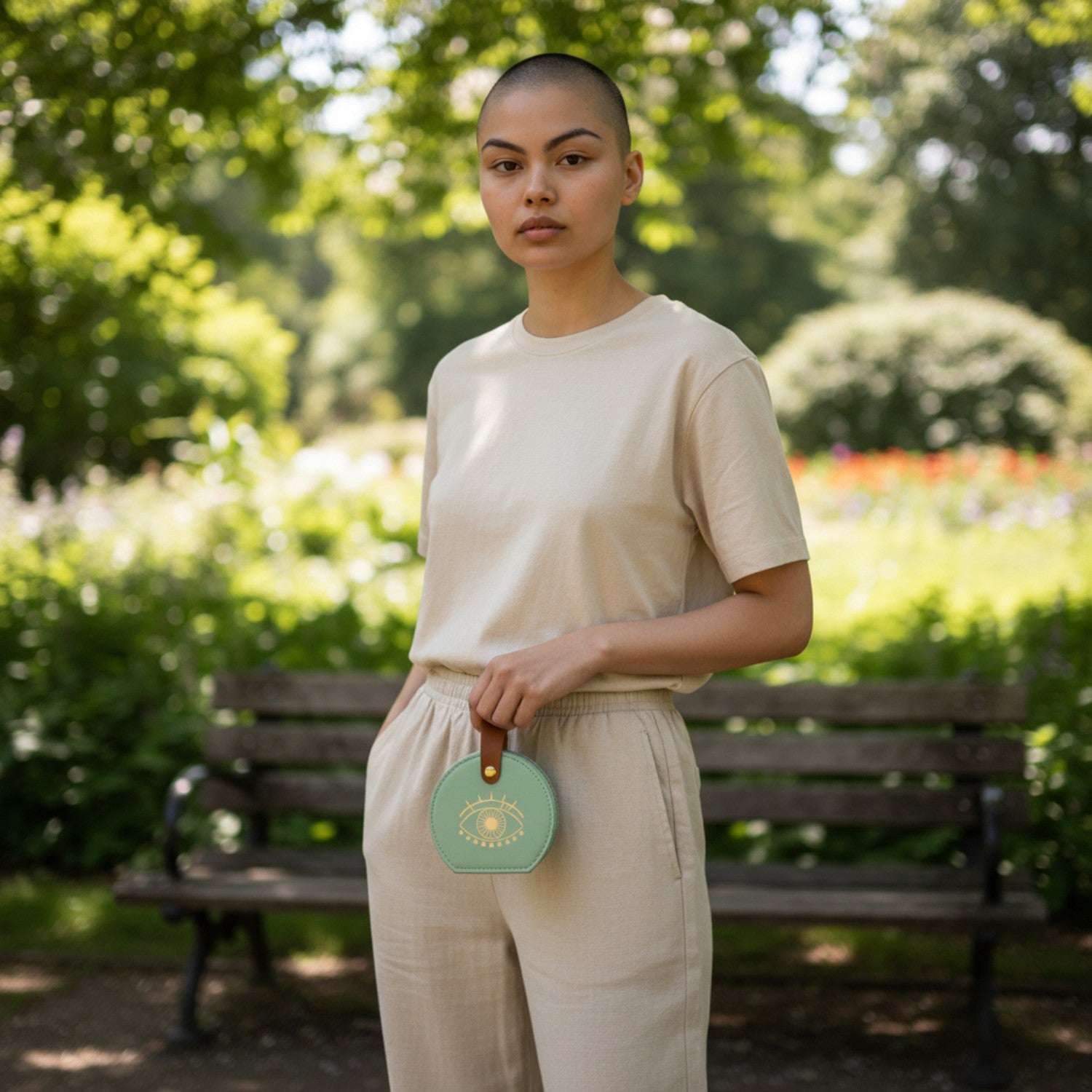 Woman holding a round green jewellery box with a gold eye design