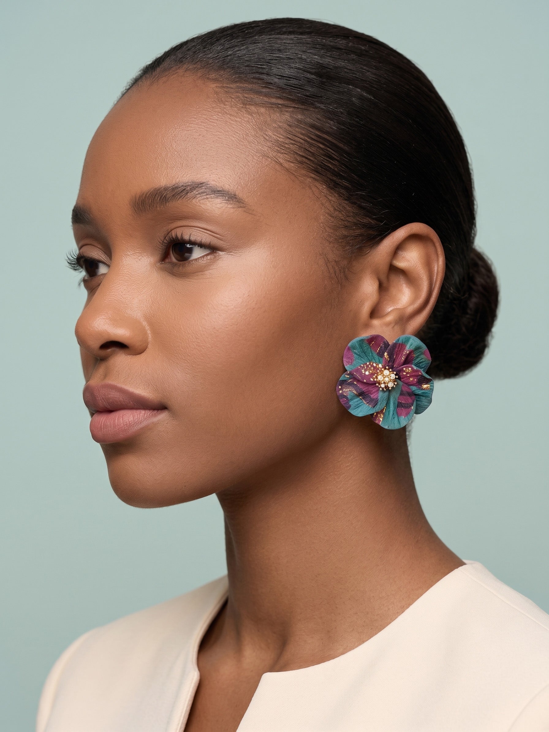 A woman in profile wearing a large, colorful flower-shaped earring with teal, purple, and gold details, set against a solid light blue-green background.