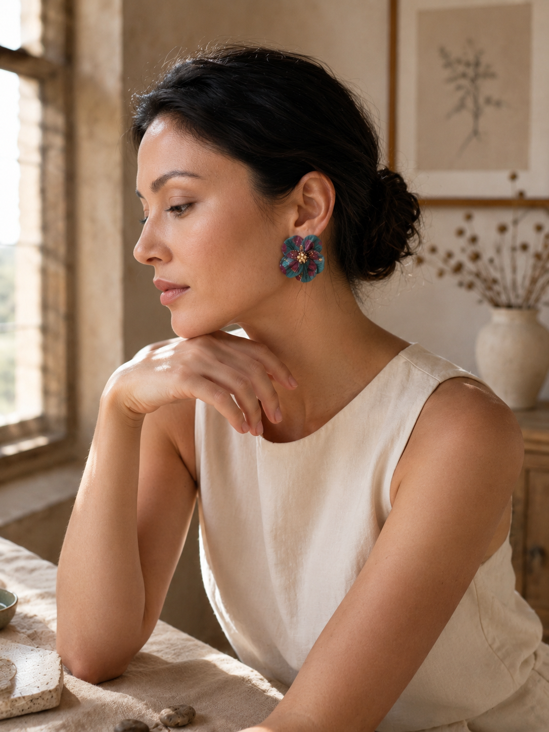 A woman in a cream linen top wearing a blue and red flower-shaped earring, posing in a warm, rustic room with a window and wooden furniture in the background.