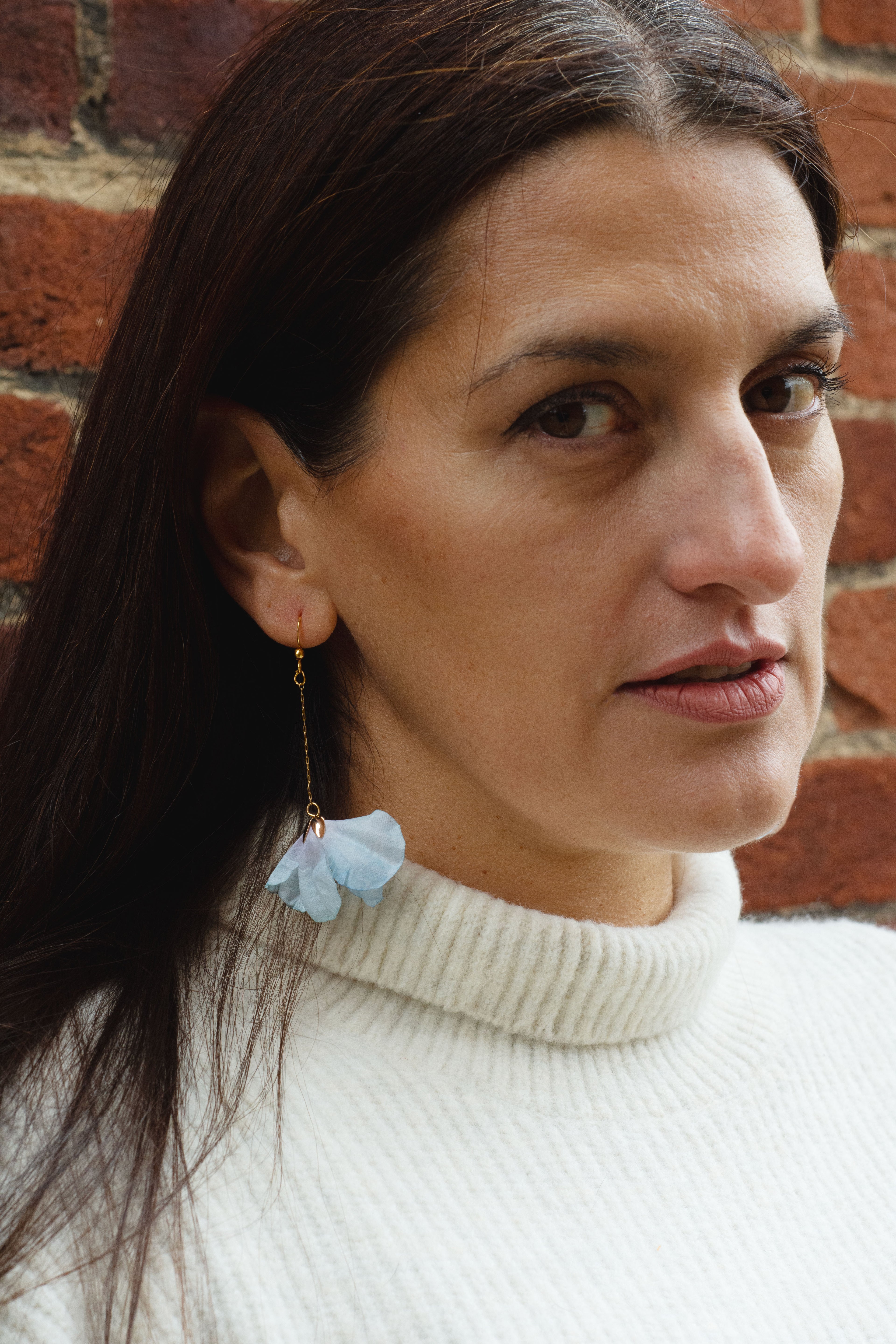 Handmade blue flower drop earrings with fabric flowers and gold-tone chains