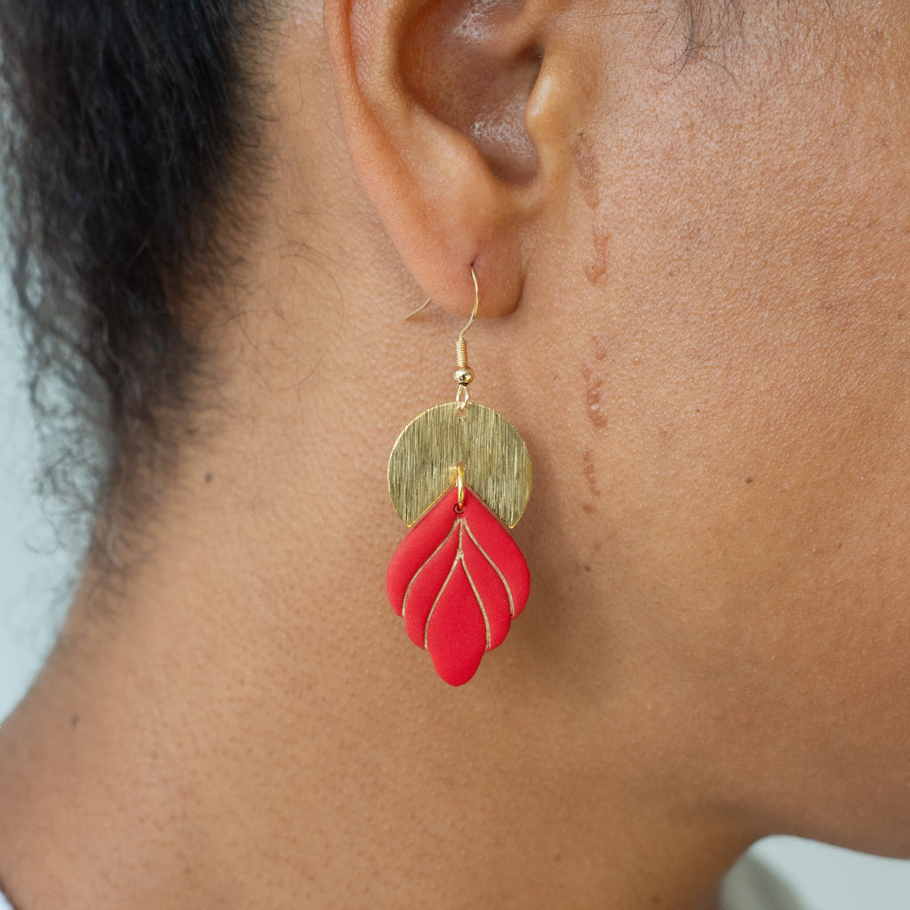 Ziolla Designs Avra Collection handmade red polymer clay earrings with engraved gold details. Lightweight statement earrings.